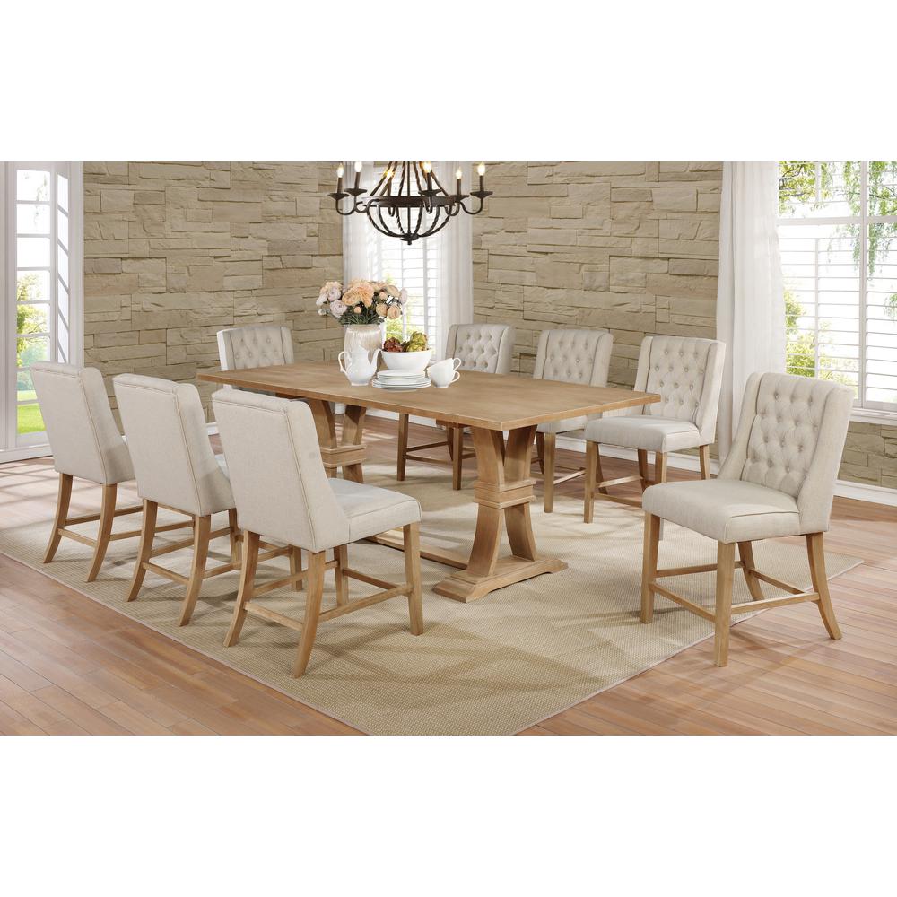 Classic 9pc Dining Set with Extendable Counter Height Dining Table with 18" Leaf in Rustic Wood Finish and Counter Height Upholstered Side Chairs with Tufted Buttons. Beige. The main picture.