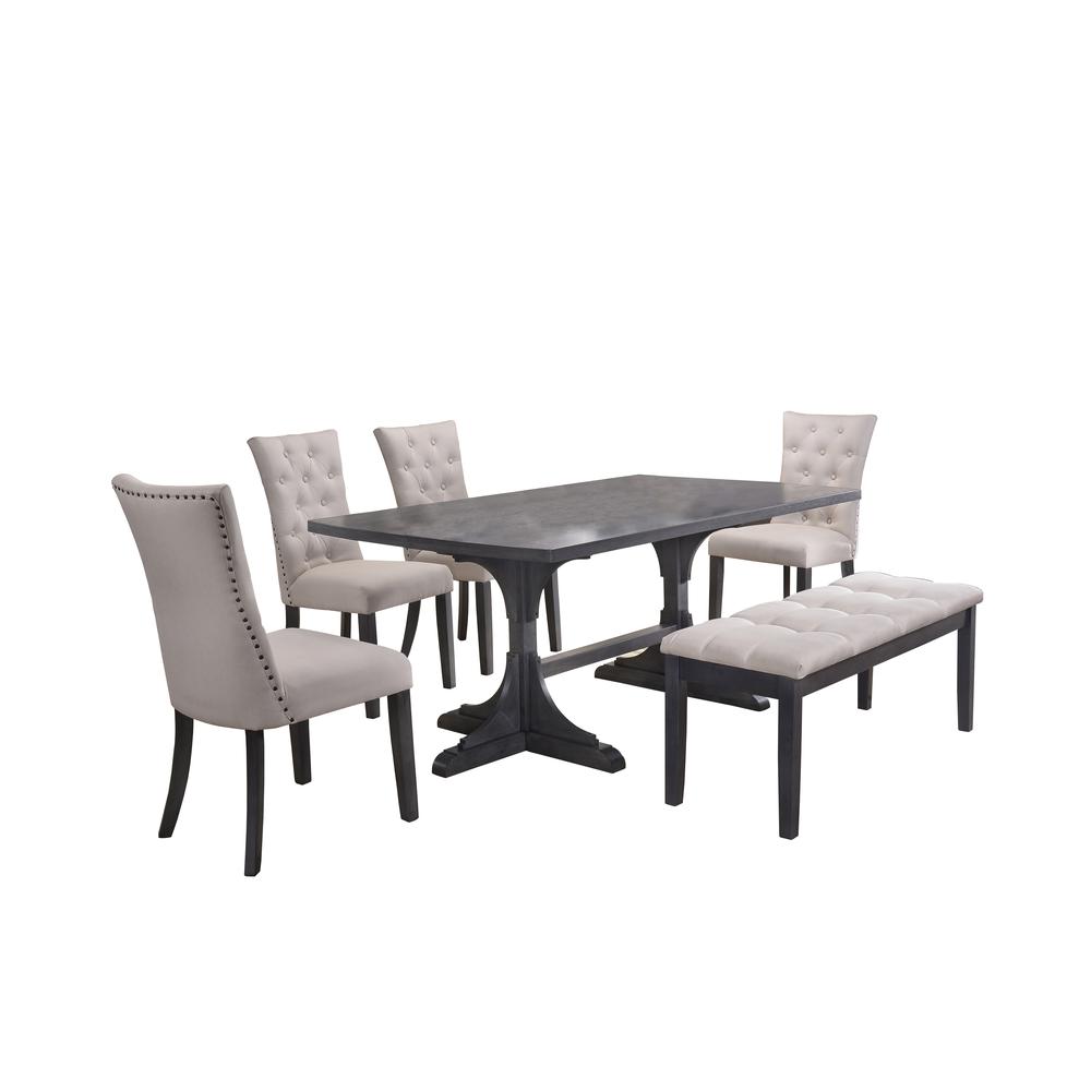 Classic 6pc Dining Set with Weathered Gray Dining Table, Uph Bench & Side Chairs Tufted & Nailhead Trim, Beige. Picture 2