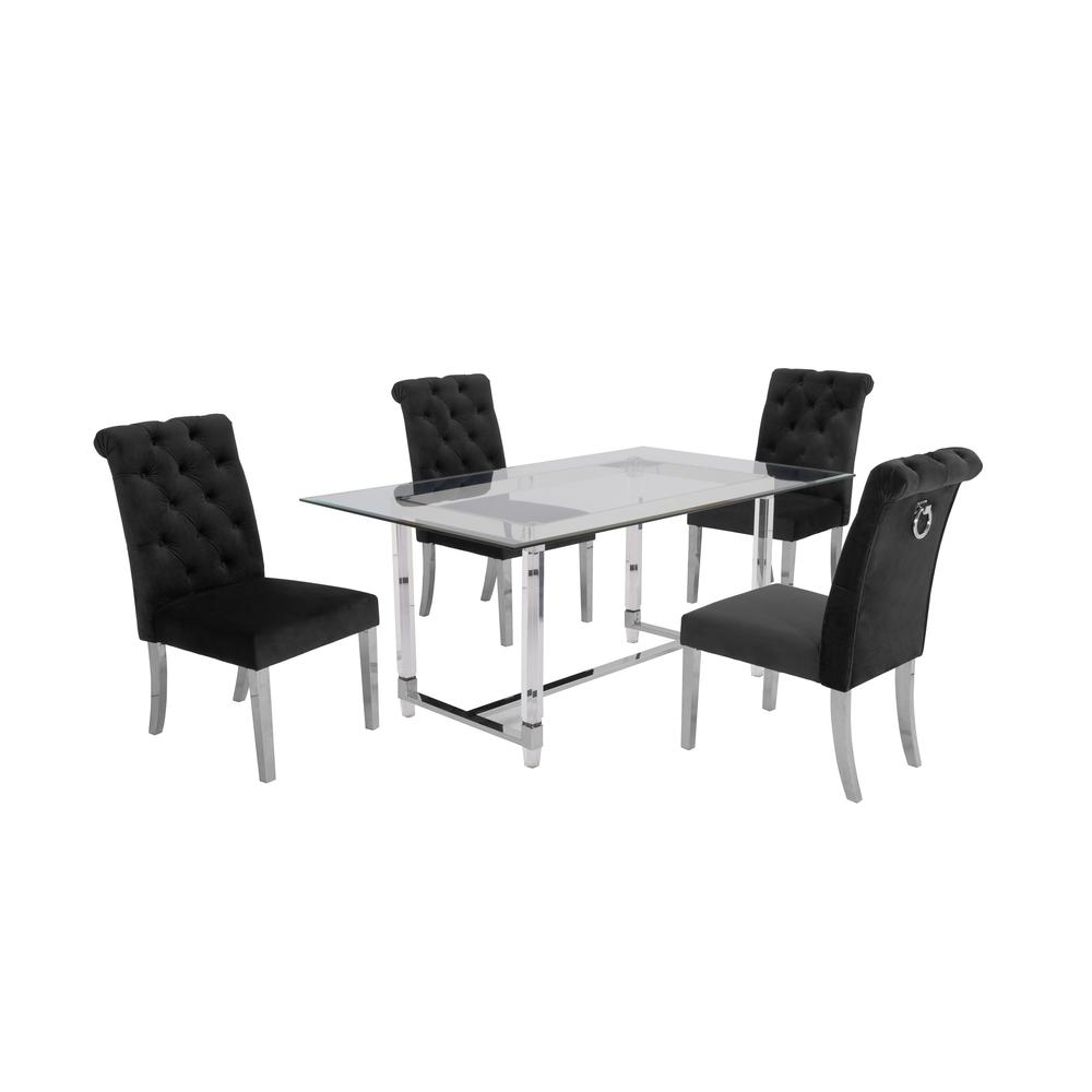 Acrylic Glass 5pc Set Tufted Chairs in Black Velvet. Picture 1