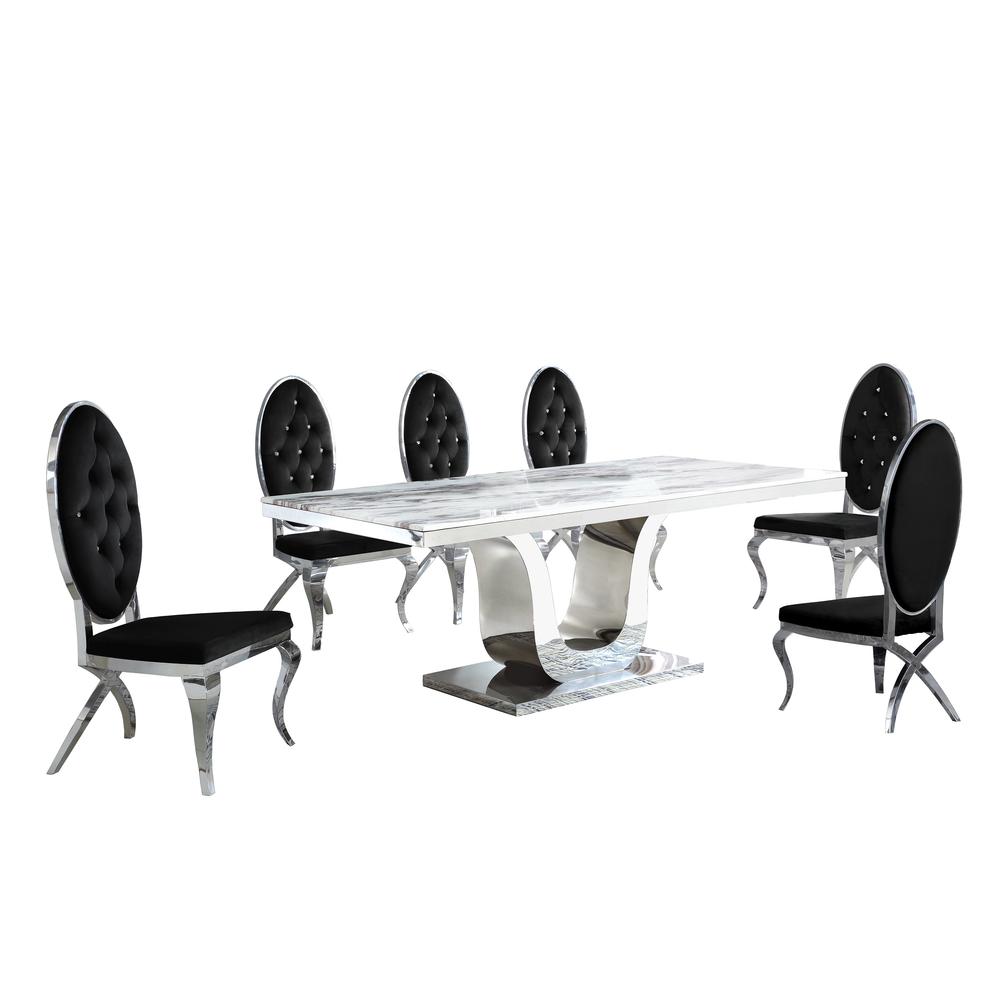 White Marble 7pc Set Tufted Faux Crystal Chairs in Black Velvet. Picture 1