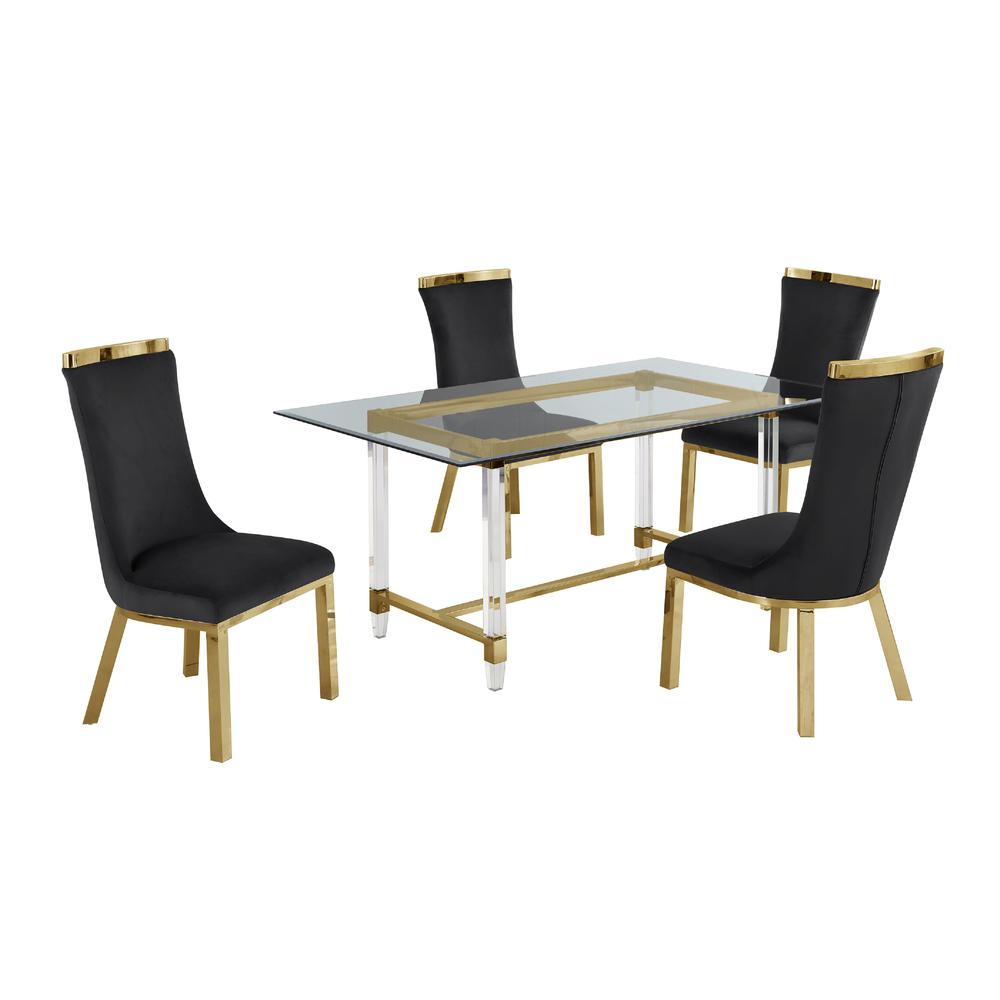 Acrylic Glass 5pc Gold Set Stainless Steel Chairs in Black Velvet. Picture 2