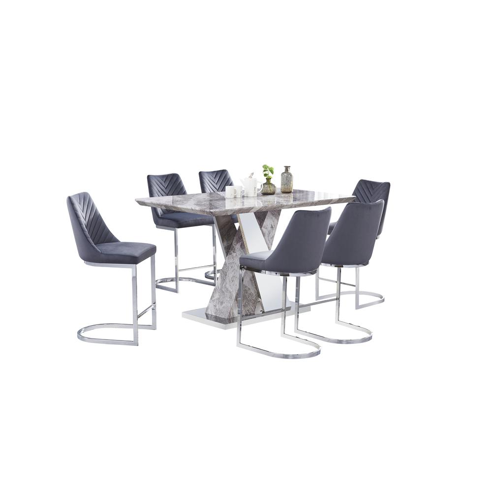 Classic 7 Piece Dining Set: White Faux Marble Counter Height Table, 6 Dark Grey Velvet Side Chairs Chrome. Picture 1