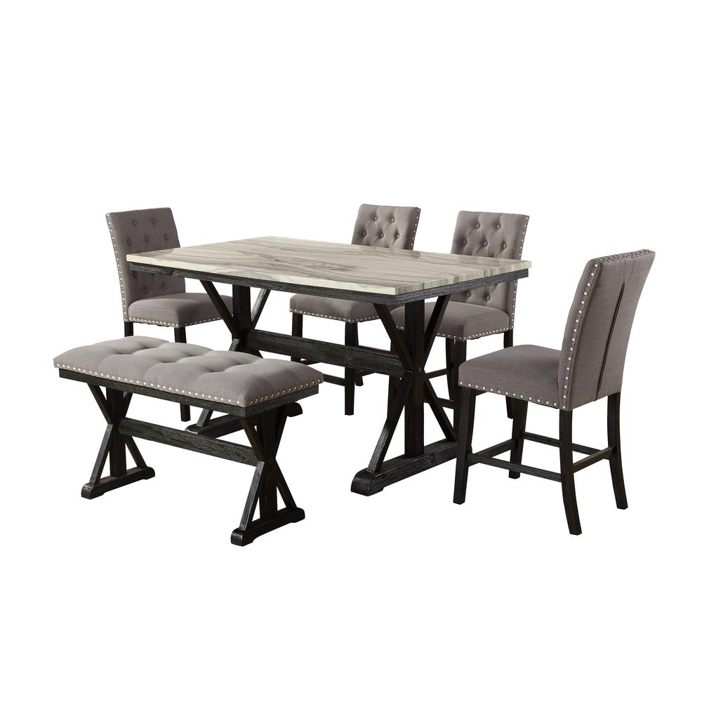 6pc Counter Height Dining Set, 4 Chairs & 1 Bench in Dark Grey, Faux Marble Table in Light Espresso. Picture 1