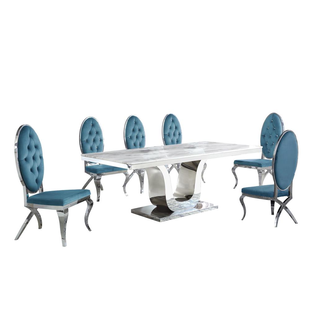 White Marble 7pc Set Tufted Faux Crystal Chairs in Teal Velvet. Picture 1