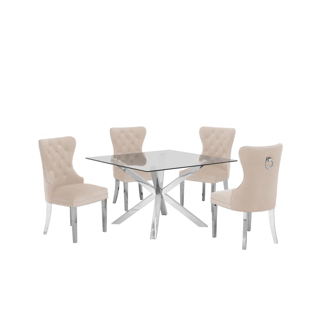 Stainless Steel 5 Piece Dining Set, w/ Beige Velvet Side Chairs 929. Picture 1