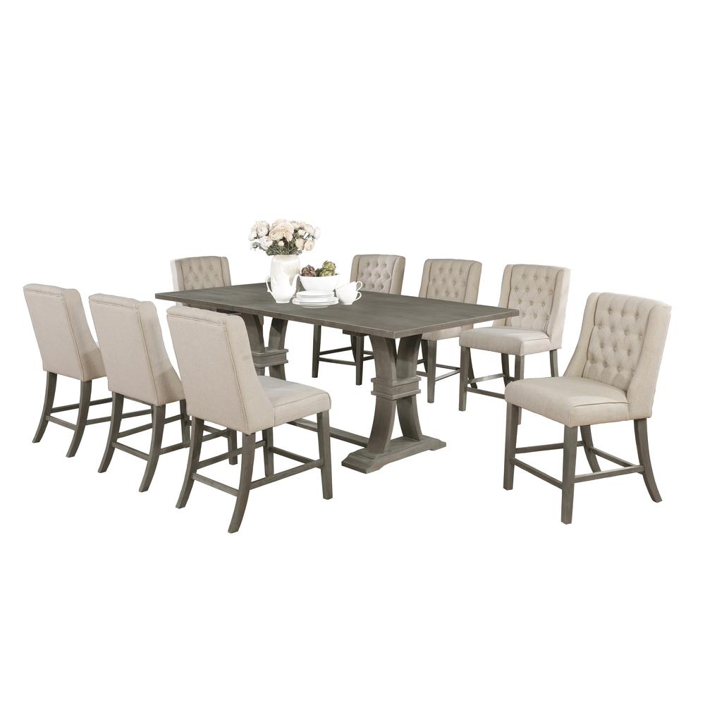 Classic 9pc Dining Set with Extendable Counter Height Dining Table with 18" Leaf and Upholstered Side Chairs with Tufted Buttons. Beige. Picture 2