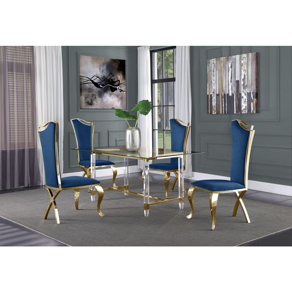 Acrylic Glass 5pc Gold Set Stainless Steel Highback Chairs in Navy Blue Velvet. The main picture.