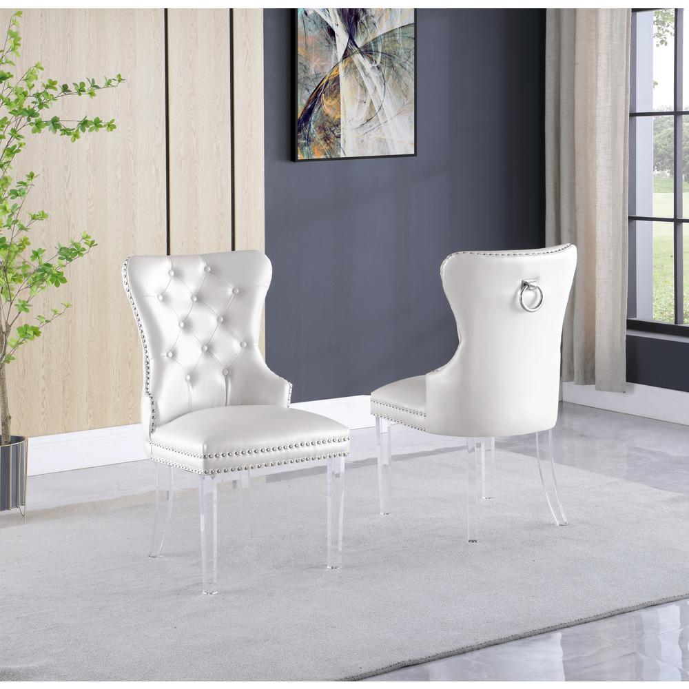 White Faux Leather Tufted Dining Side Chairs, Acrylic Legs - Set of 2. Picture 2