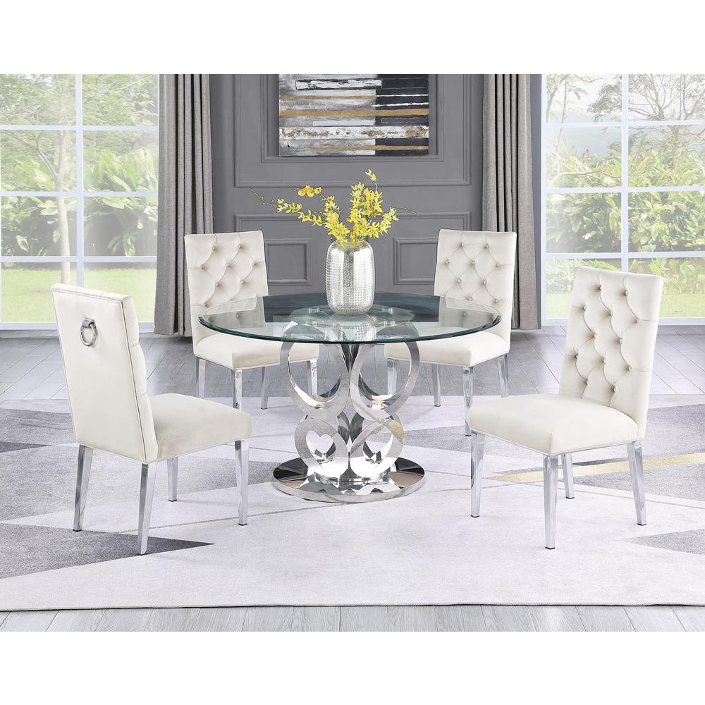 Round Style 5pc Glass Dining Set Ring Chairs in Beige Velvet. Picture 1