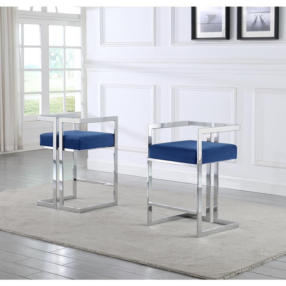 24" Uph Accent Counter Chairs, Navy Blue Velvet, Chrome Base - Set of 2. Picture 4