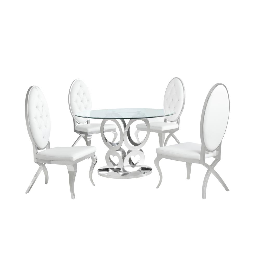 Classic 5pc Round Dining Set, Glass Table with Faux Crystal Chairs in White Faux Leather. Picture 1