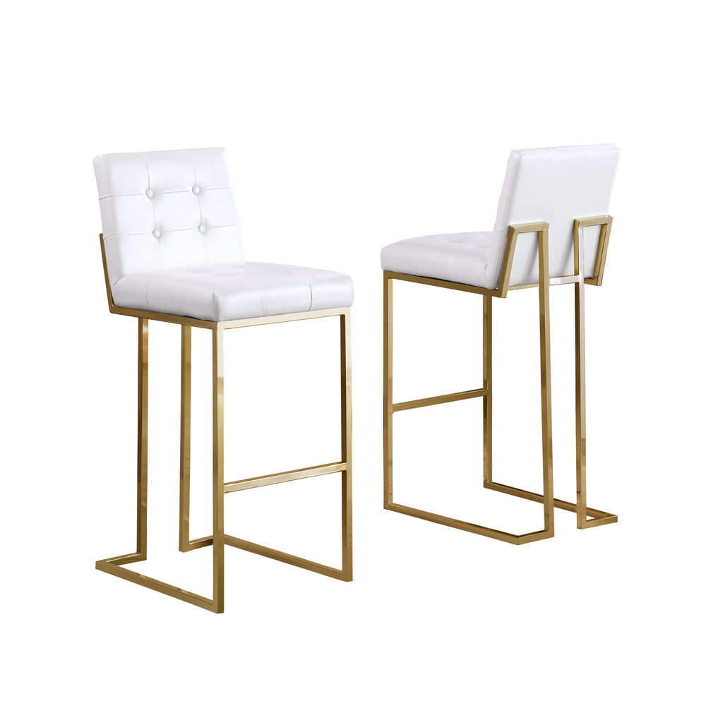27" Tufted White Faux Leather Barstool, Chrome Gold Base (Set of 2). Picture 1