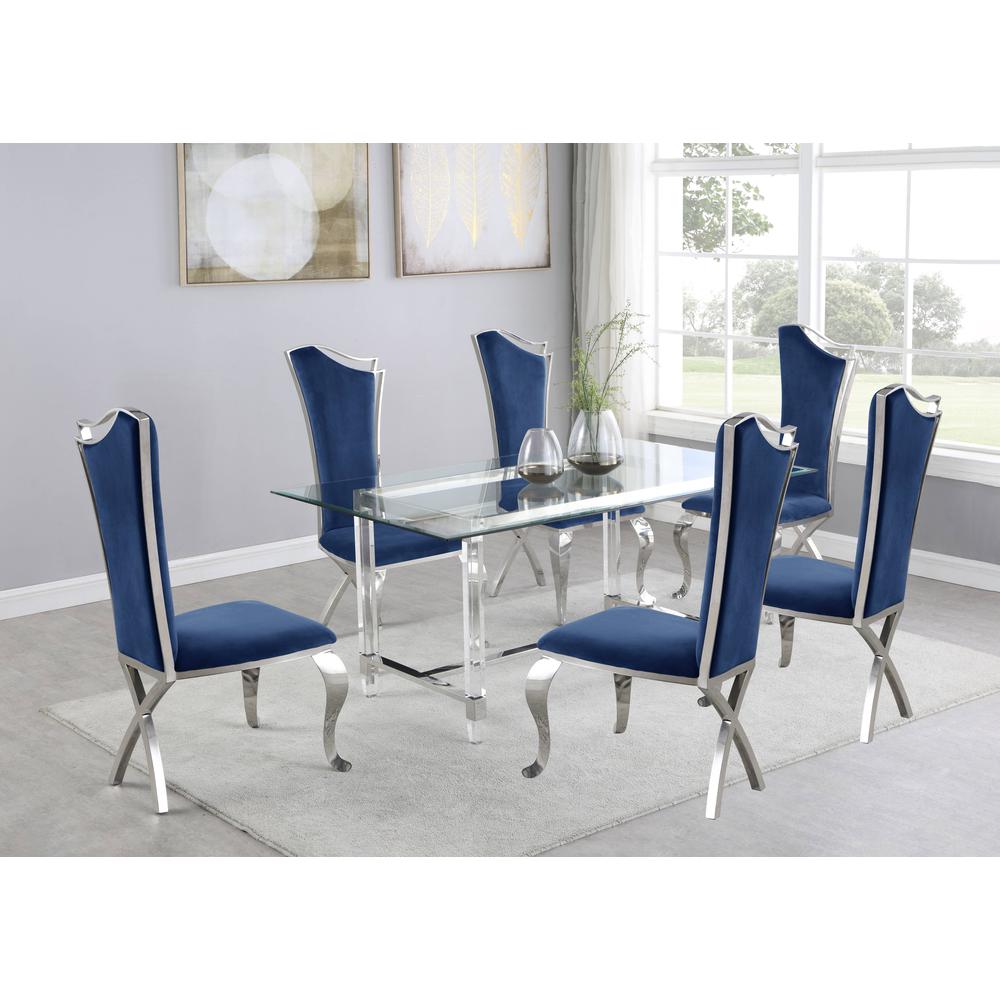 Tempered Glass 7 Piece Dining Set: Table Acrylic and Dining Chairs Stainless Steel in Navy Blue Velvet. Picture 2