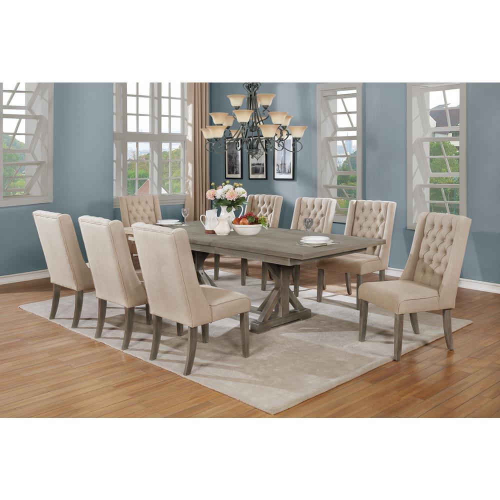 Classic Extension Dining 9 Piece Set w/18"Center Leaf, 8 Tufted Chairs in Beige Linen. Picture 1