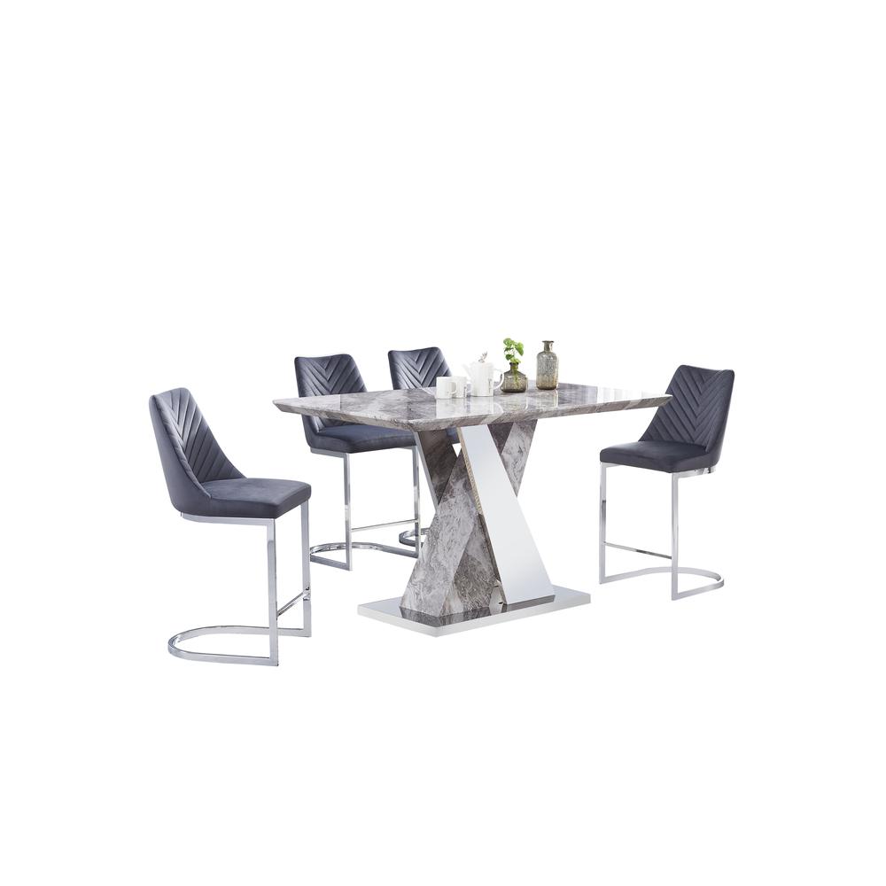 Classic 5 Piece Dining Set: White Faux Marble Counter Height Table, 4 Dark Grey Velvet Side Chairs Chrome. Picture 1