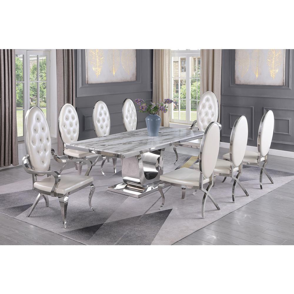 White Marble 9pc Set Tufted Faux Crystal Chairs and Arm Chairs in White Faux Leather. Picture 1
