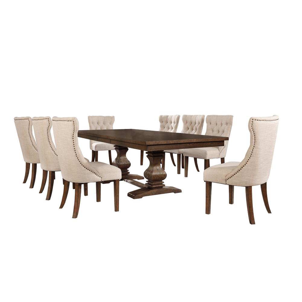 Classic 9pc Dining Set w/Uph Side Chairs Tufted & Naildhead Trim, Table w/Center 18" Leaf, Walnut. Picture 2