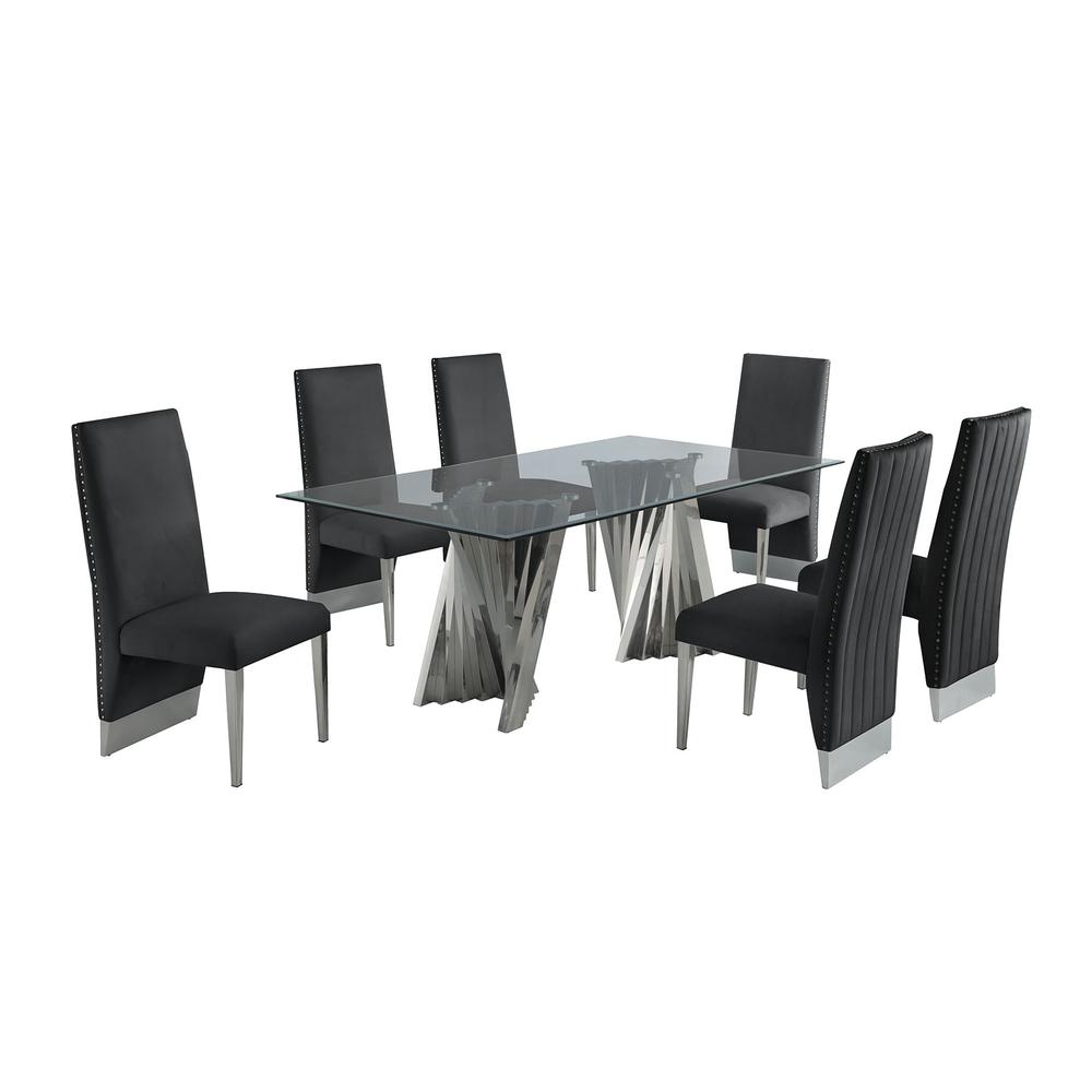 Classic 7pc Dining Set w/Pleated Side Chair, Glass Table w/ Silver Spiral Base, Black. Picture 1