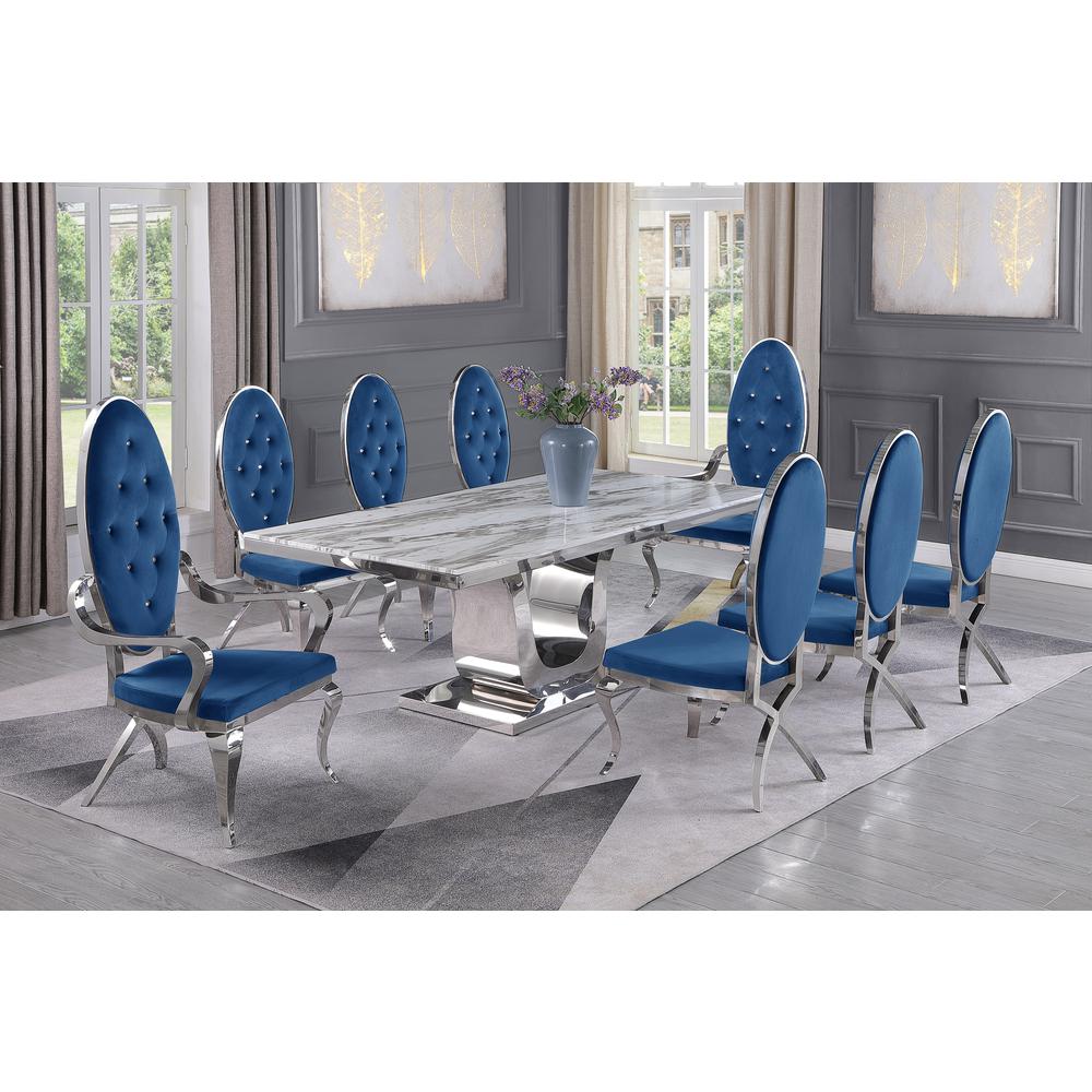 White Marble 9pc Set Tufted Faux Crystal Chairs and Arm Chairs in Navy Blue Velvet. Picture 1