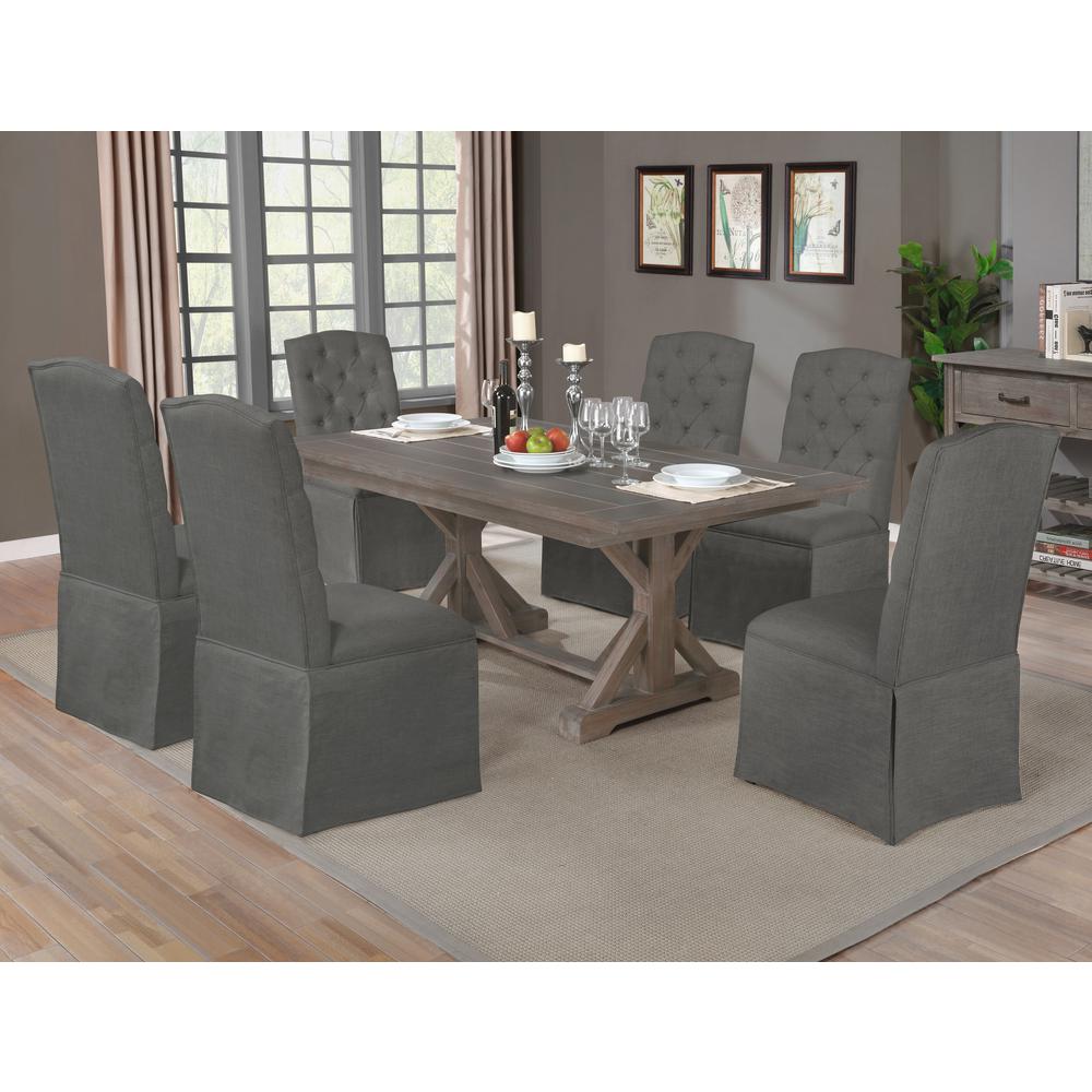 7pc Dining Set, Table w/ 34" Trestle and 6 Tufted Skirted Chairs in Dark Grey. Picture 1