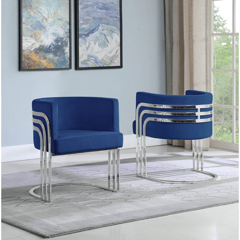 Single Velvet Barrel Chair, Chrome Legs, Navy Blue. Picture 2
