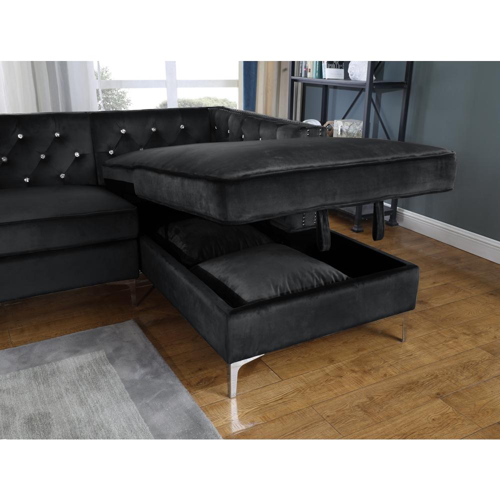 Black Velvet L-Shaped Tufted Faux Crystal Sofa & Chaise. Picture 2