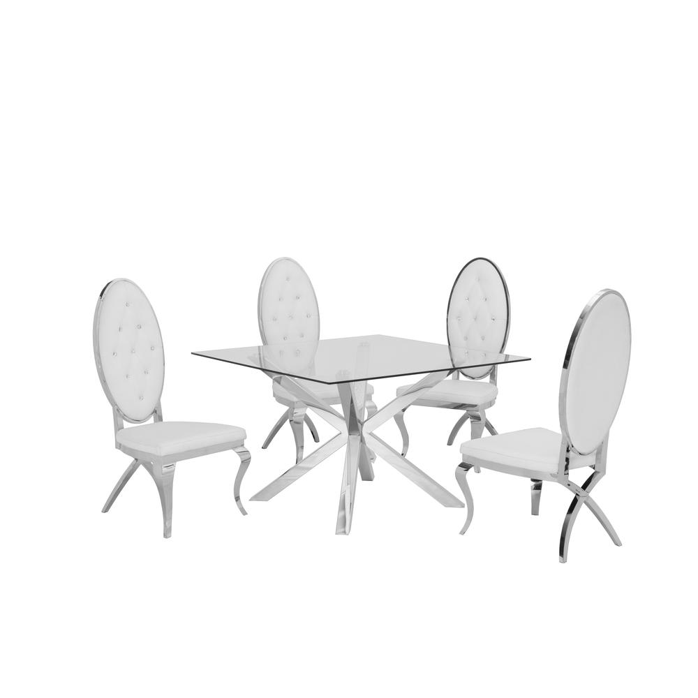 Stainless Steel 5 Piece Dining Set, w/ White Faux Leather Side Chairs 936. Picture 1