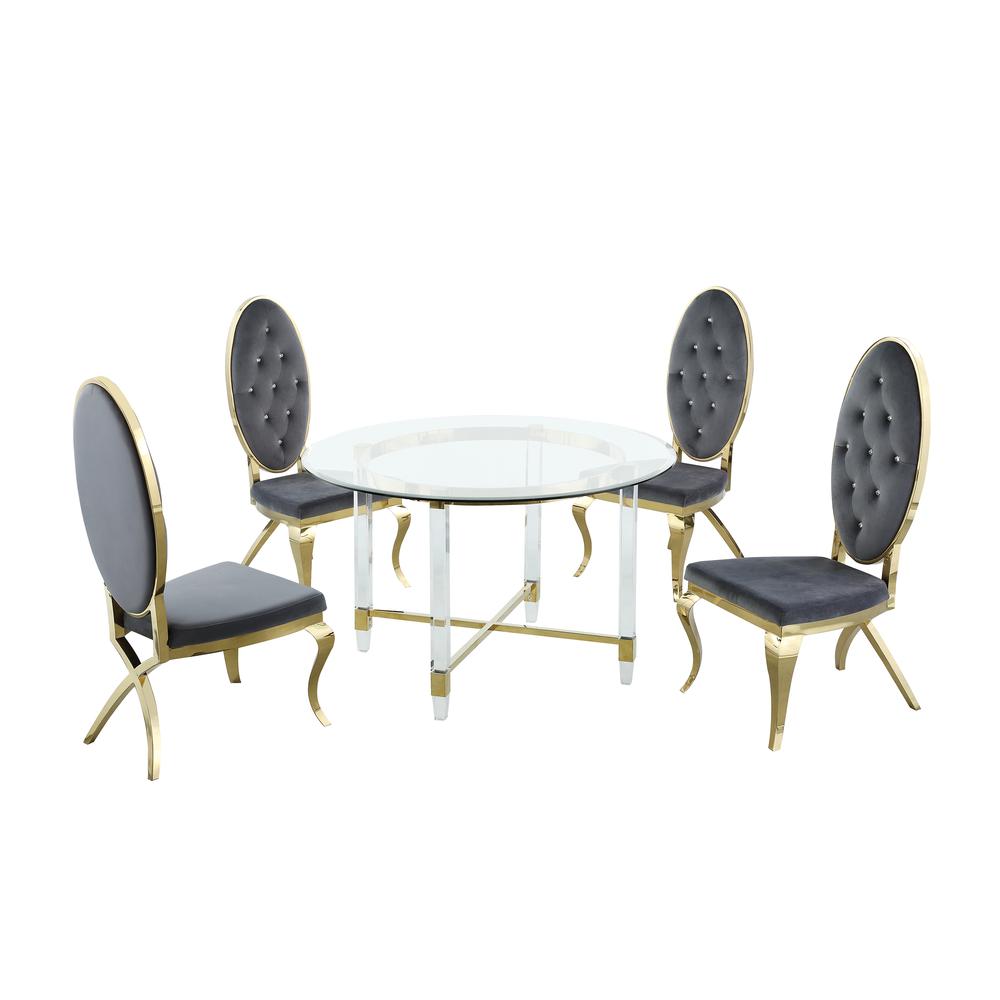 Round 5 Piece Dining Set Gold: Glass Table Acrylic, 4 Dining Chairs Faux Crystal in Dark Gray Velvet. Picture 2