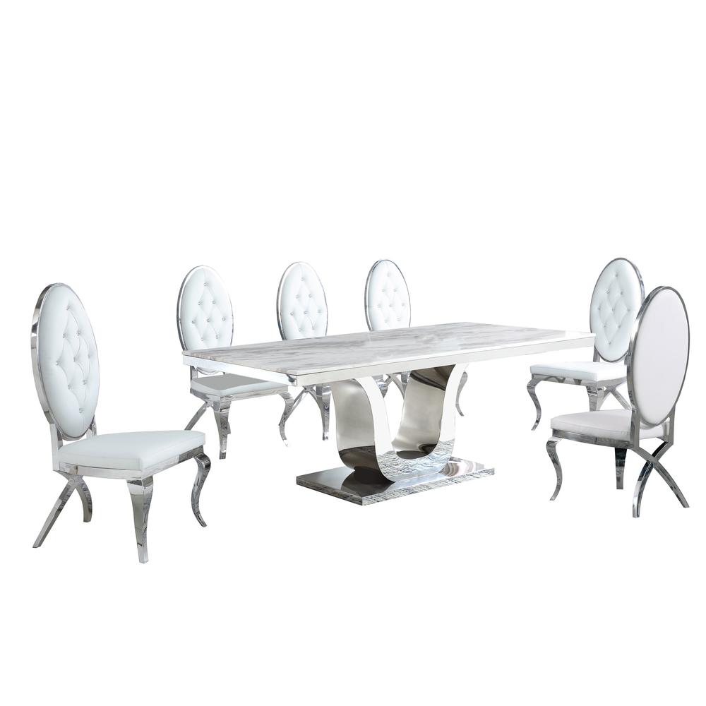White Marble 7pc Set Tufted Faux Crystal Chairs in White Faux Leather. Picture 1