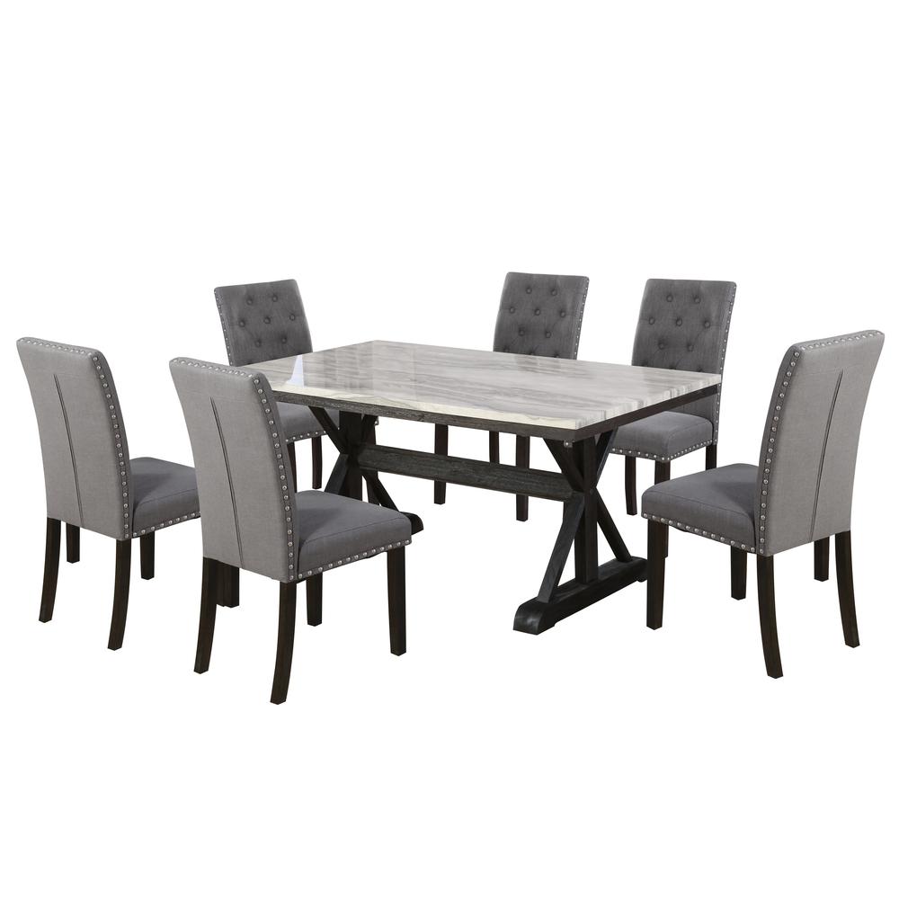 7PC Dining Set: 1 Dining Table with Faux Marble Top and 6 Upholstered Side Chairs with Tufted Buttons and Nailhead Trim. Picture 2