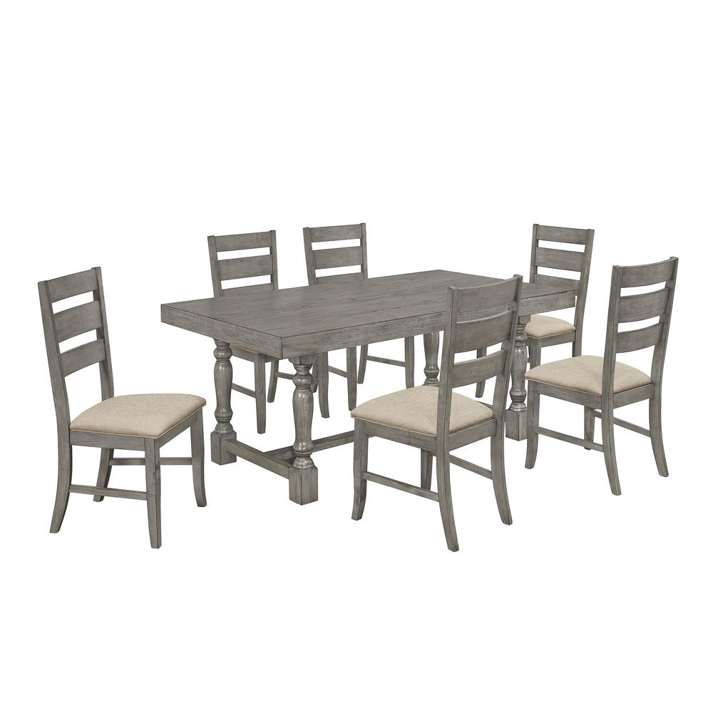 Classic 7pc Dinette Set with Dining Table with Four Posts and Wood and Linen Side Chairs, Gray. Picture 1