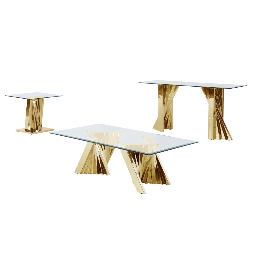 Glass Coffee Table Sets: Coffee Table, End Table, Console Table with Stainless Steel Gold Base. Picture 2