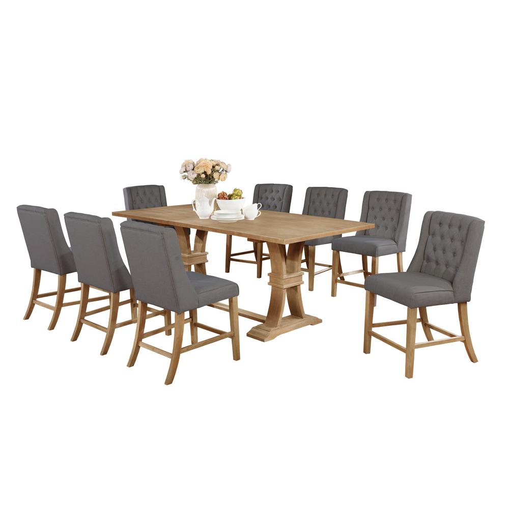 Classic 9pc Dining Set with Extendable Counter Height Dining Table with 18" Leaf in Rustic Wood Finish and Counter Height Upholstered Side Chairs with Tufted Buttons. Picture 2