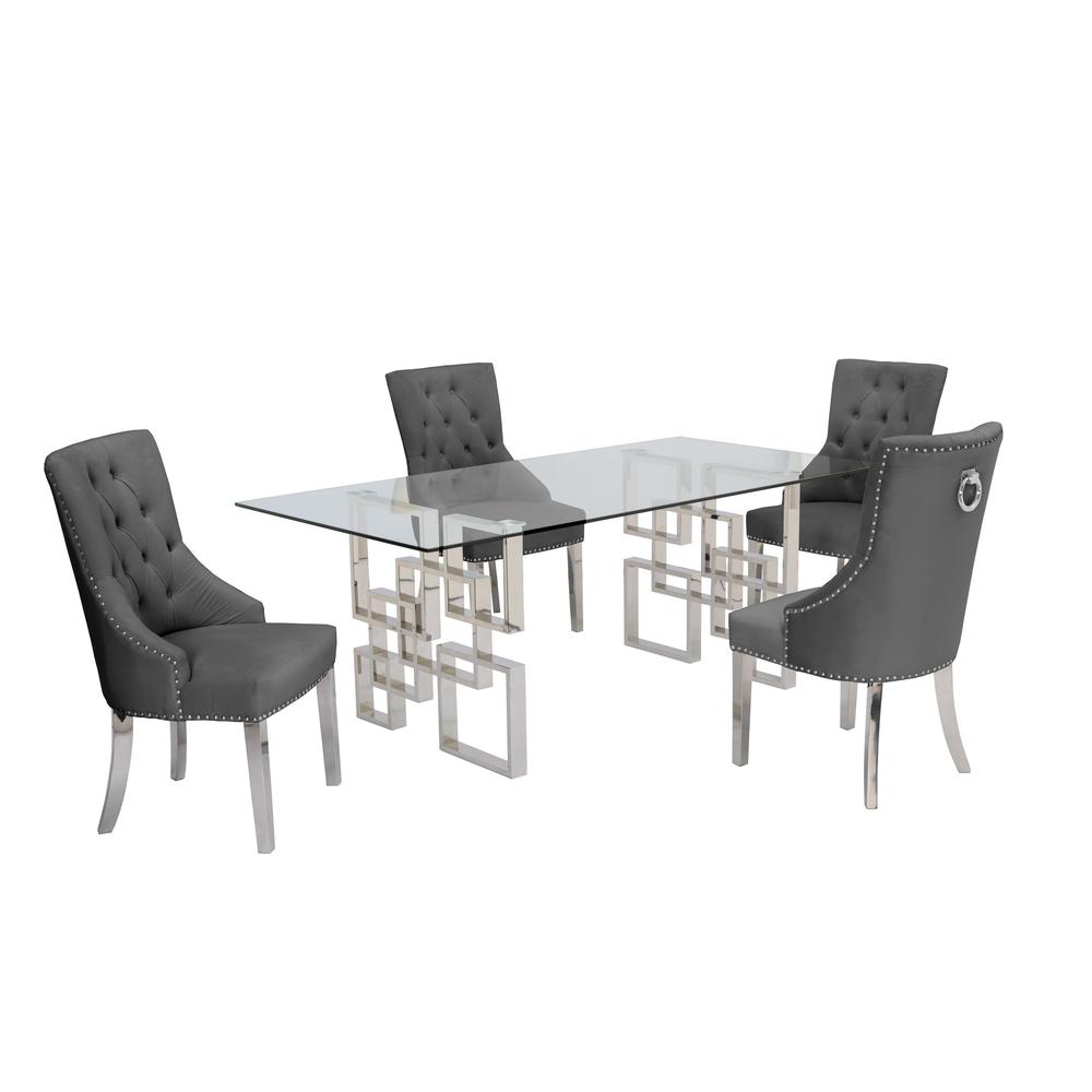 Stainless Steel 5 Piece Dining Set, Tufted Velvet w/ Ring Handle Chairs 738. Picture 3