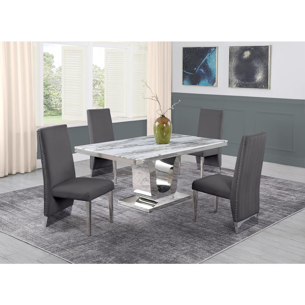 White Marble 5pc Set Pleated Chairs in Dark Grey Velvet. Picture 1