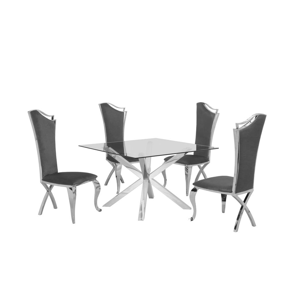 Stainless Steel 5 Piece Dining Set, w/ Gray Velvet Chairs Side Chairs 882. Picture 1