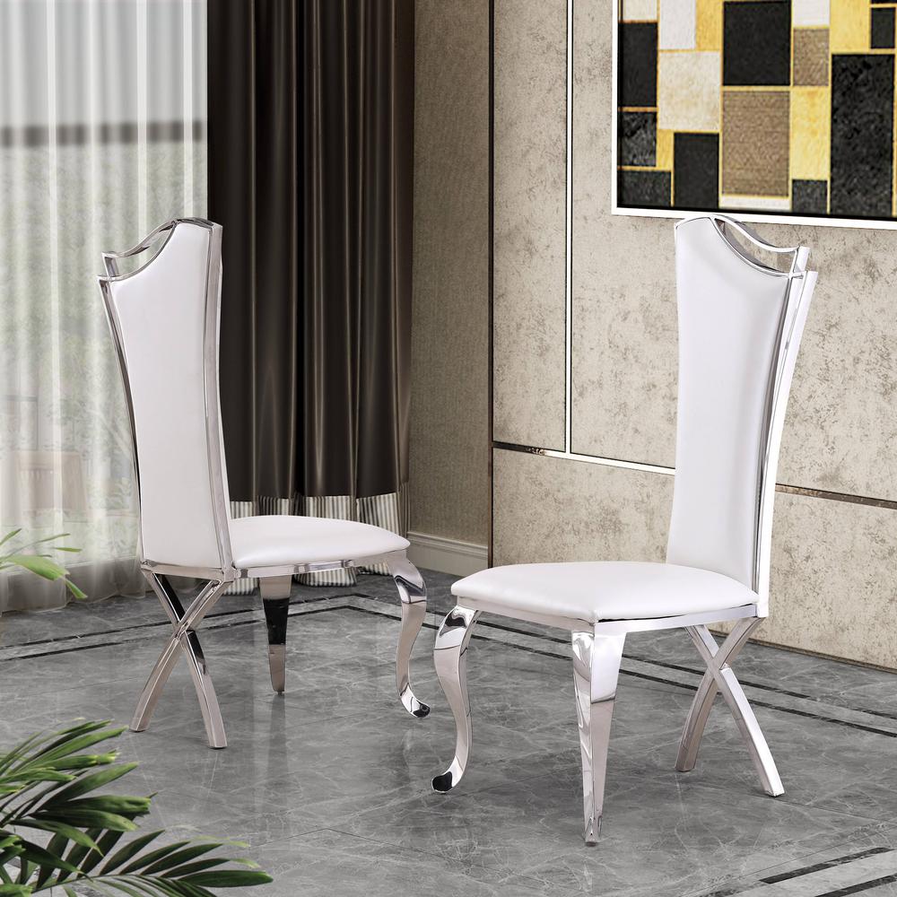 White Marble 5pc Set Non-Tufted Stainless Steel Chairs in White Faux Leather. Picture 5
