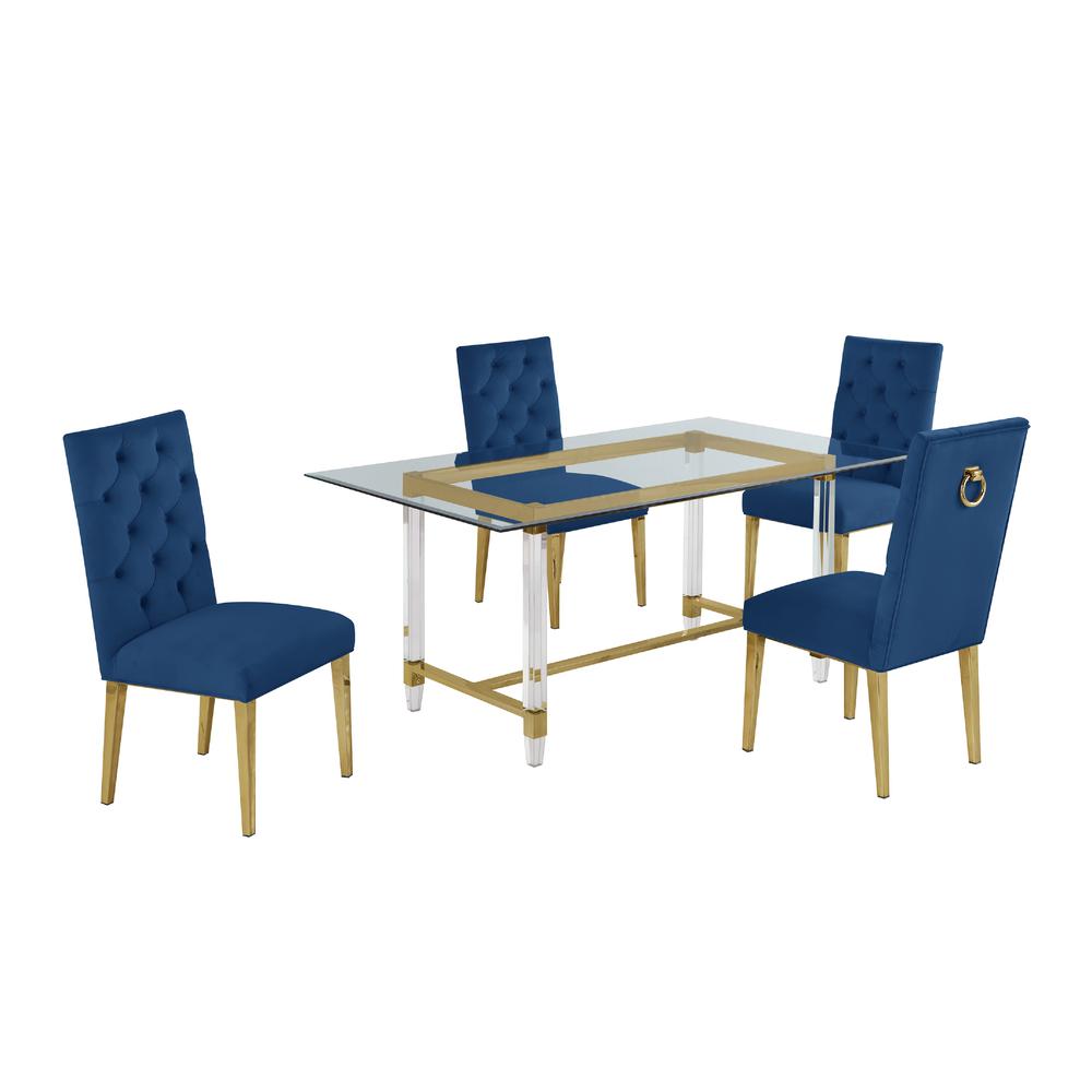 Acrylic Glass 5pc Gold Set Tufted Ring Chairs in Navy Blue Velvet. Picture 2