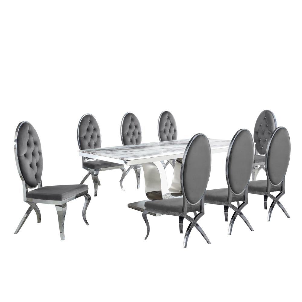 White Marble 9pc Set Tufted Faux Crystal Chairs in Dark Grey Velvet. Picture 1