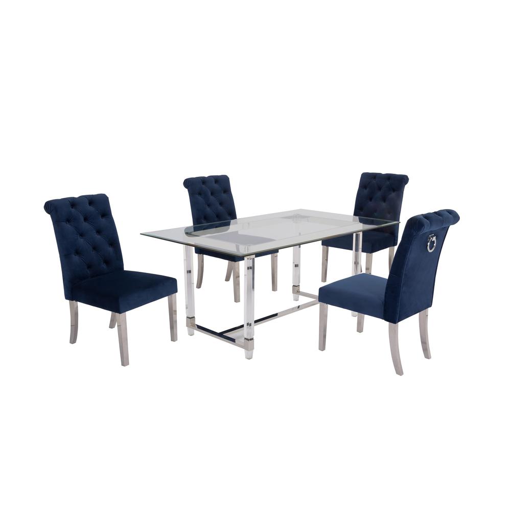 Acrylic Glass 5pc Set Tufted Chairs in Navy Blue Velvet. Picture 1
