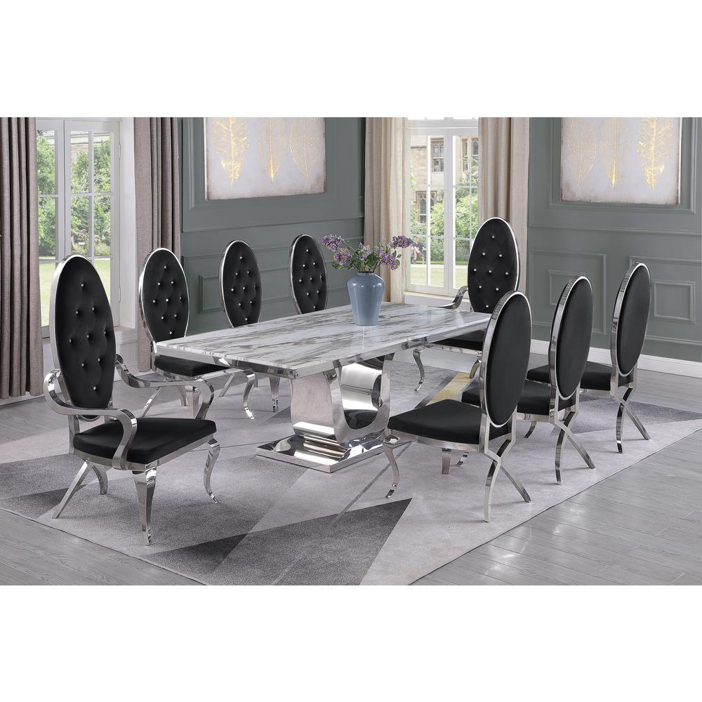 White Marble 9pc Set Tufted Faux Crystal Chairs and Arm Chairs in Black Velvet. Picture 1