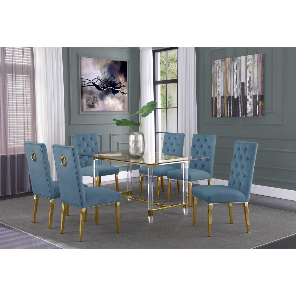 Acrylic Glass 7pc Gold Set Tufted Ring Chairs in Teal Blue Velvet. Picture 1