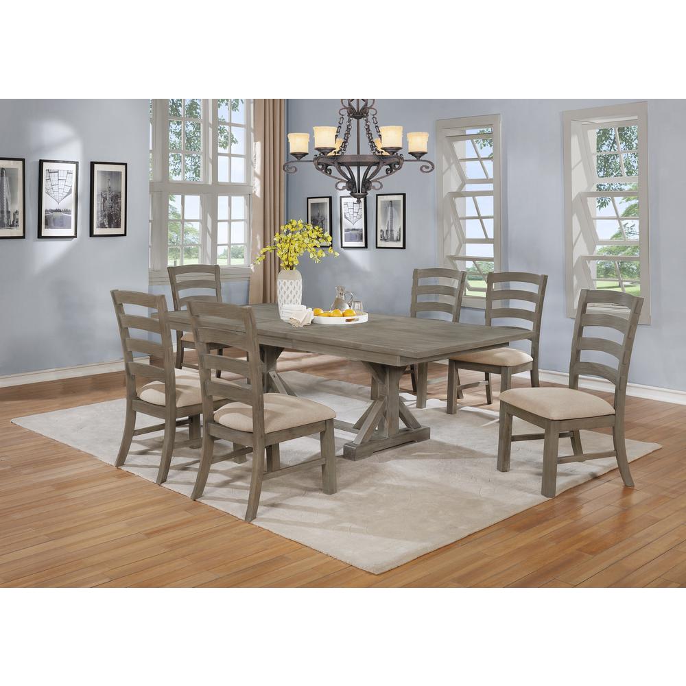7 Piece Dining Set Extendable w/18"Center Leaf Extension & 6 Ladder-Back Chairs in Beige Linen. Picture 2