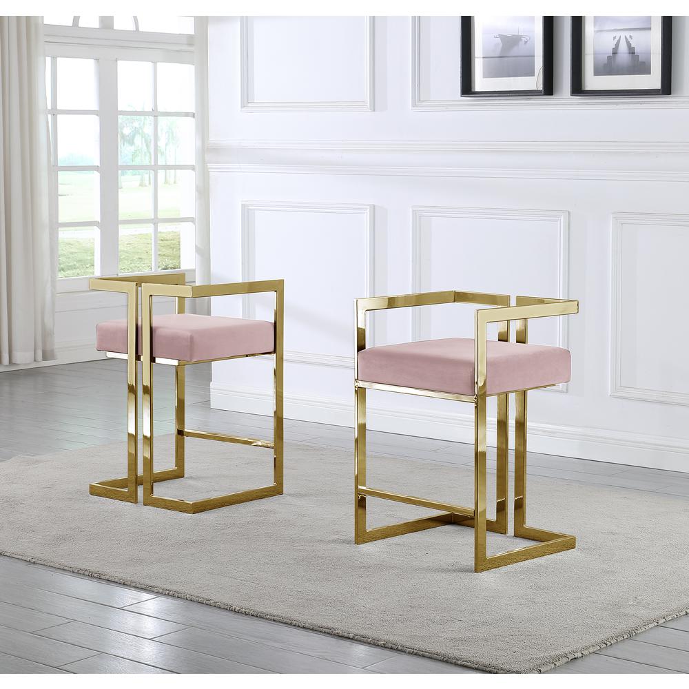 24" Uph Accent Counter Chairs, Pink Velvet, Chrome Gold - Set of 2. Picture 4