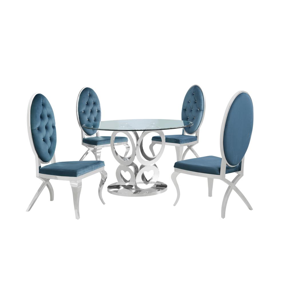 Classic 5pc Round Dining Set, Glass Table with Faux Crystal Chairs in Teal Velvet. Picture 1