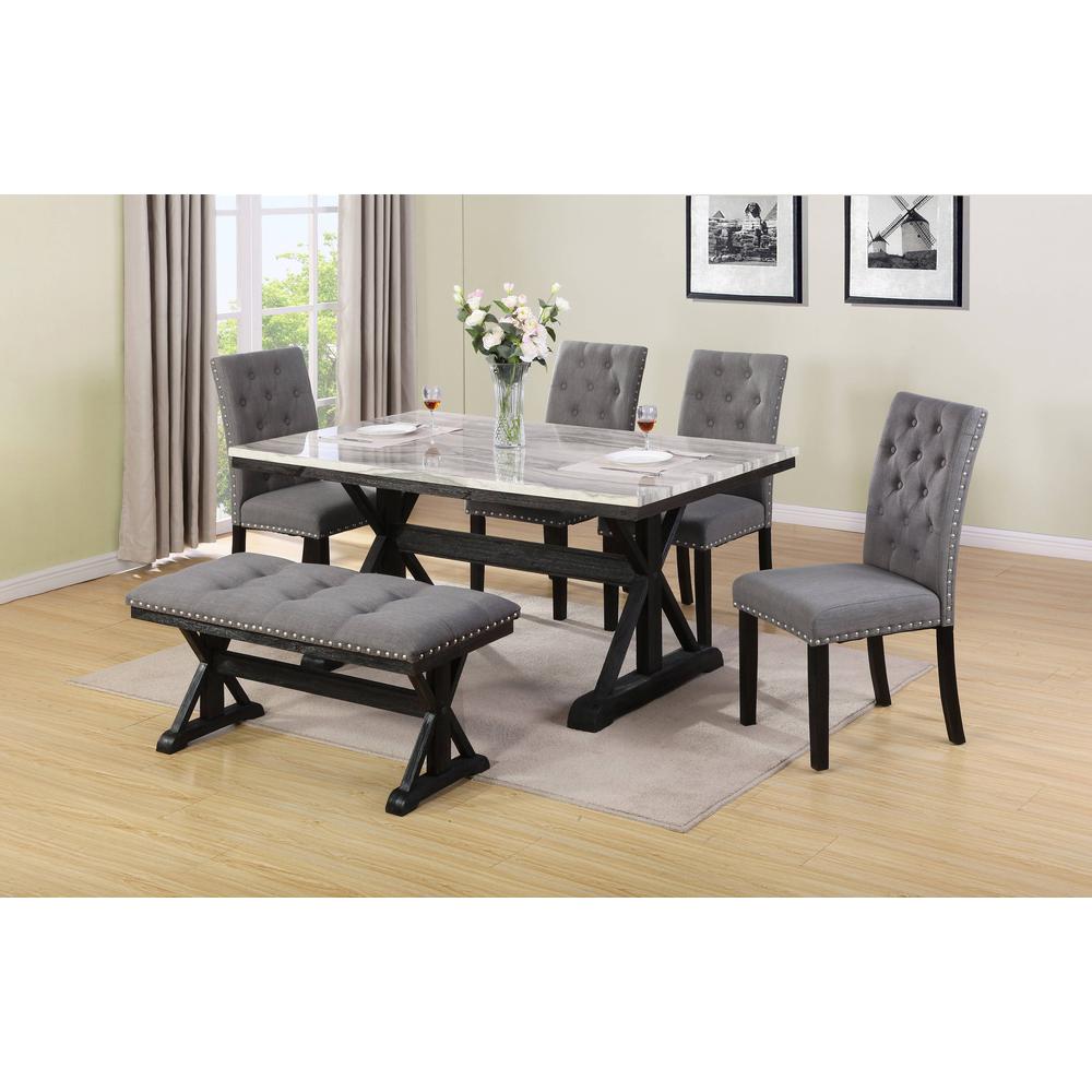 6PC Dining Set: 1 Dining Table with Faux Marble Top, 4 Upholstered Side Chairs with Tufted Buttons and Nailhead Trim, and 1 Upholstered Bench with Tufted Buttons and Nailhead Trim. The main picture.
