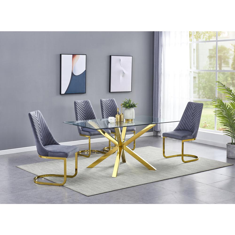 Rectangular Tempered Glass 5pc Gold Set Chrome Chairs in Dark Grey Velvet. The main picture.