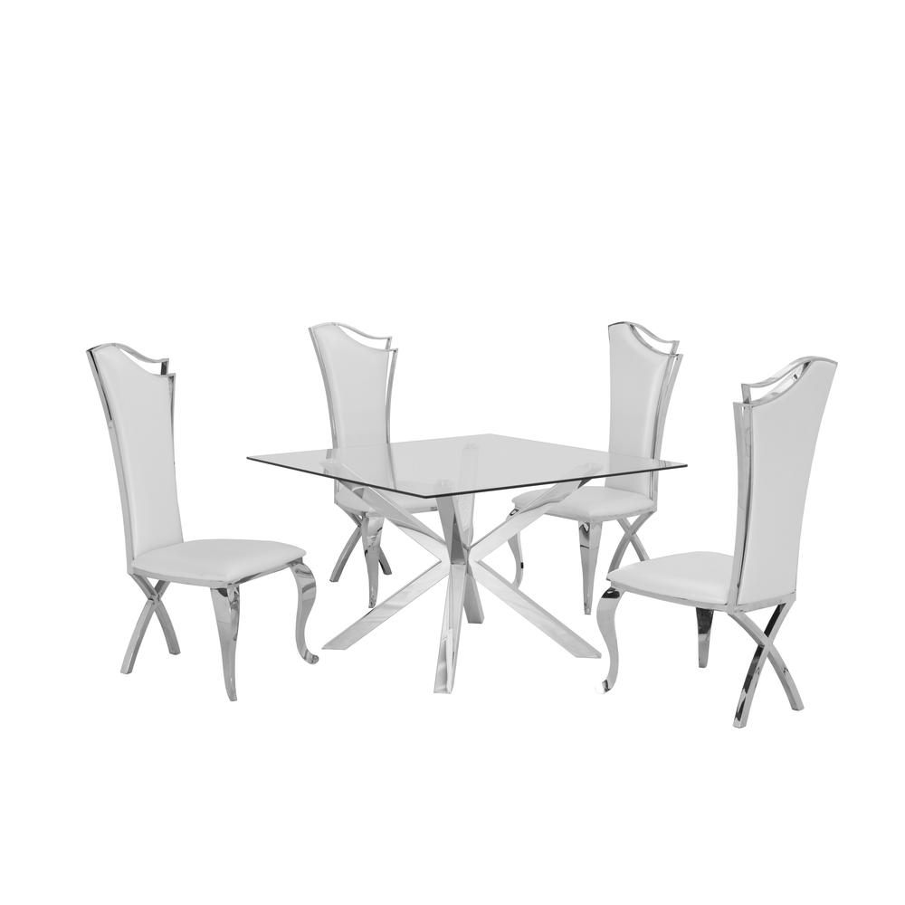 Stainless Steel 5 Piece Dining Set, w/ White Faux Leather Side Chairs 868. Picture 1