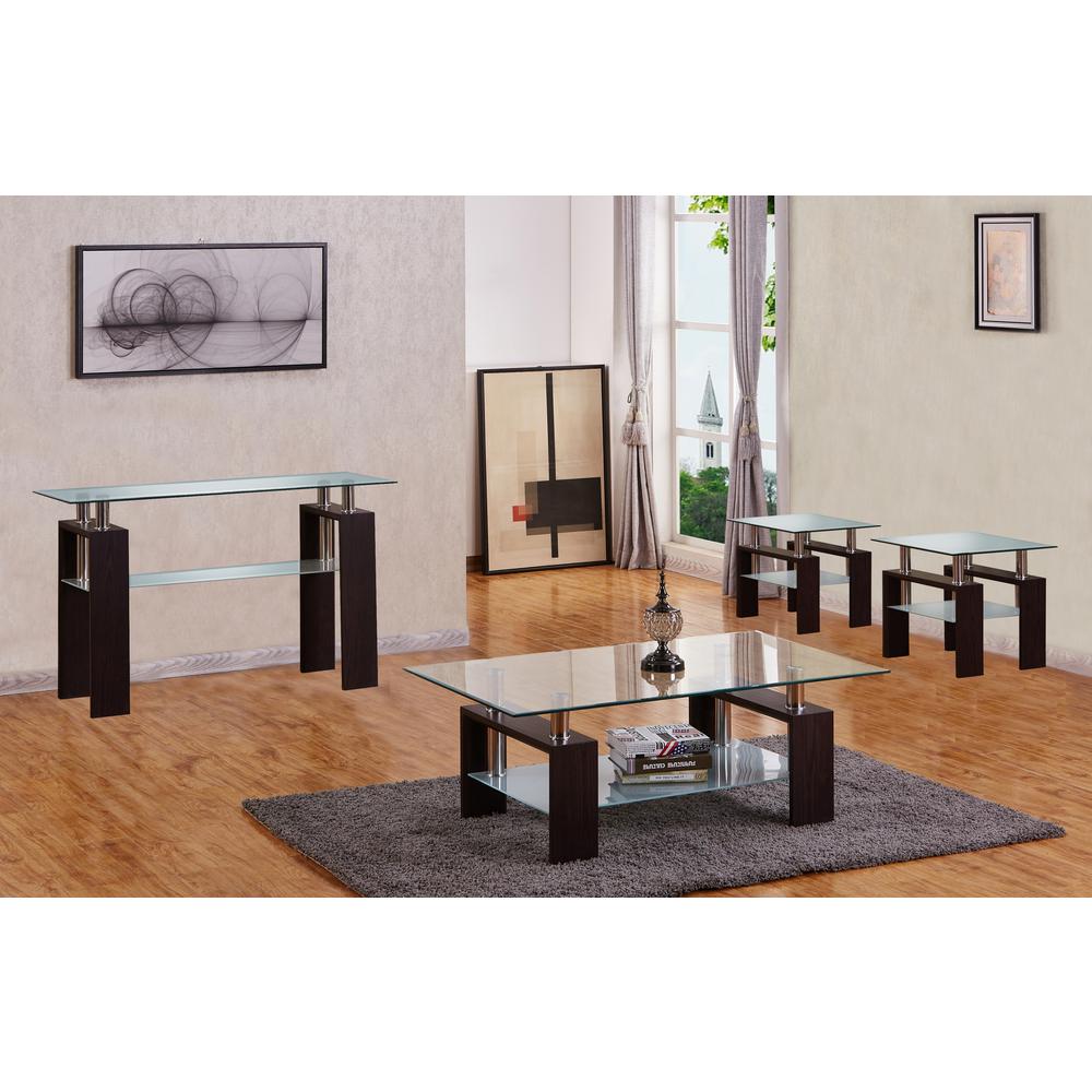 Espresso Coffee Table Set: Coffee Table, 2 End Tables, Console Table w/Glass Top and Shelf. Picture 2