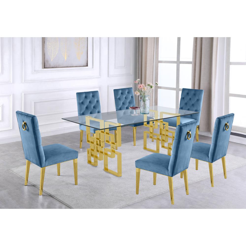 Gold Tempered Glass 7 Piece Dining Set Ring Chairs in Teal Velvet. The main picture.
